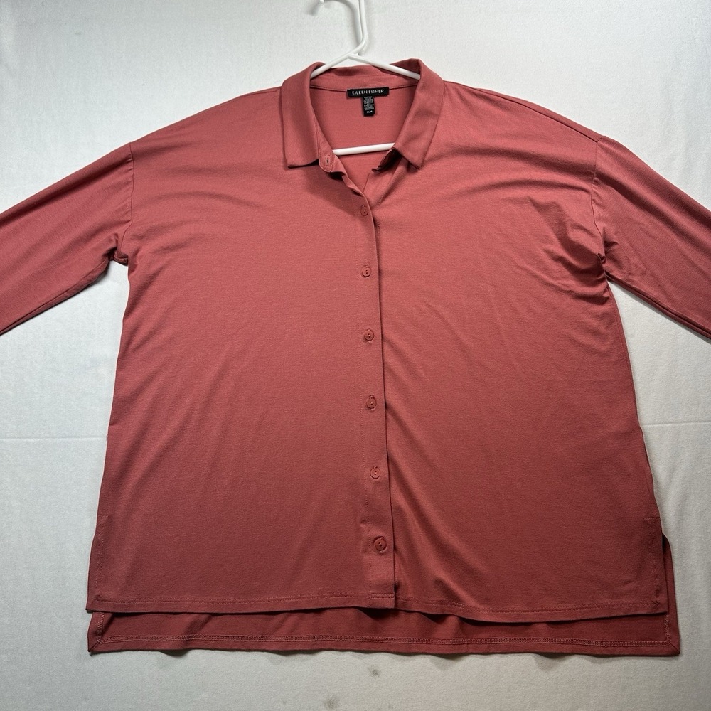Eileen Fisher V-Neck Button Up Shirt Pink M Viscose Elastane Easy Top Minimalist